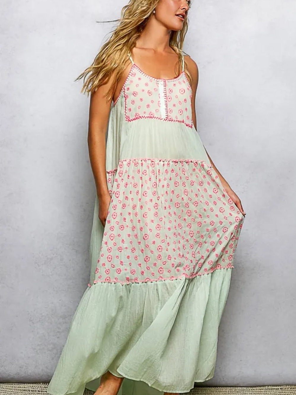 DAVI & DANI Mint Green Maxi Dress with Pink Floral Panels